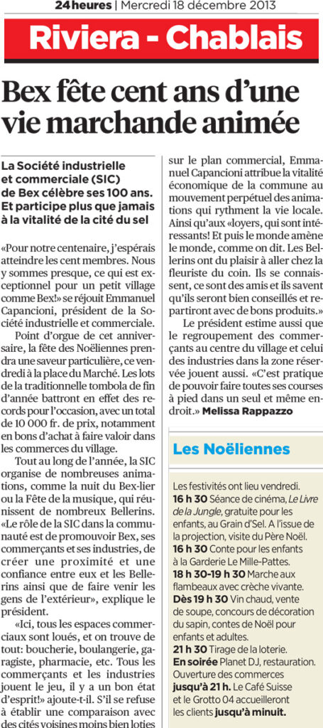 Articles dans le 24Heures sur les 100 ans de la SIC