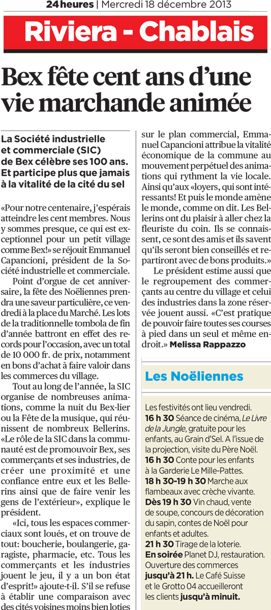 Articles dans le 24Heures sur les 100 ans de la SIC